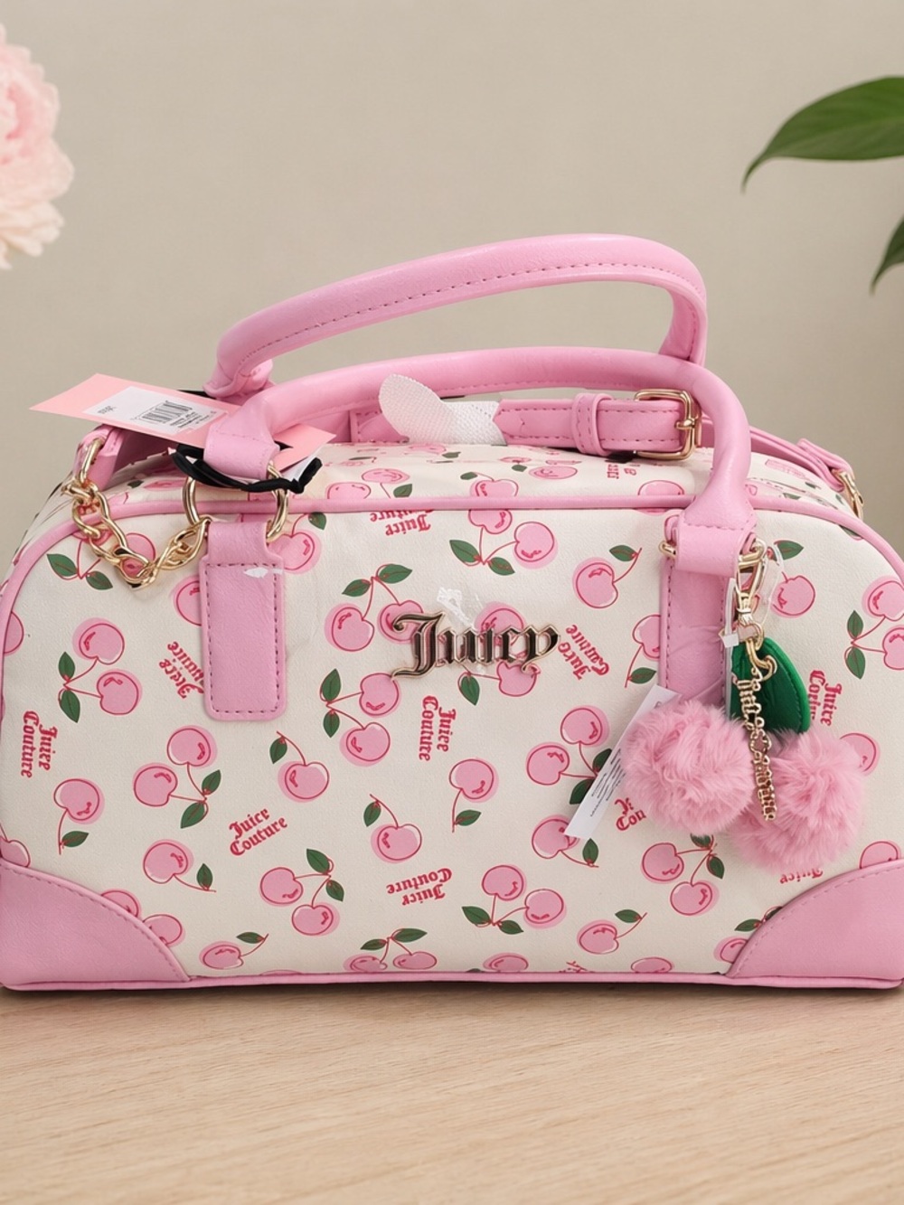 Juicy Couture Pink Cherry Print Satchel with Pom Charm
